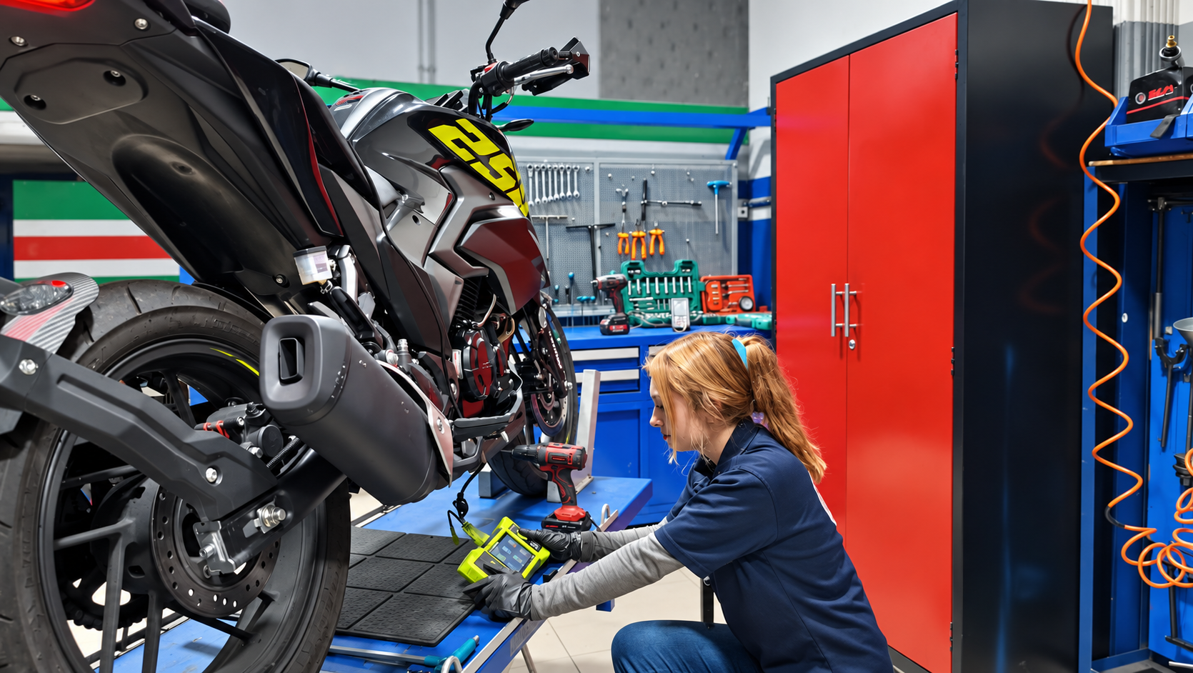 Técnica revisando una motocicleta en el taller